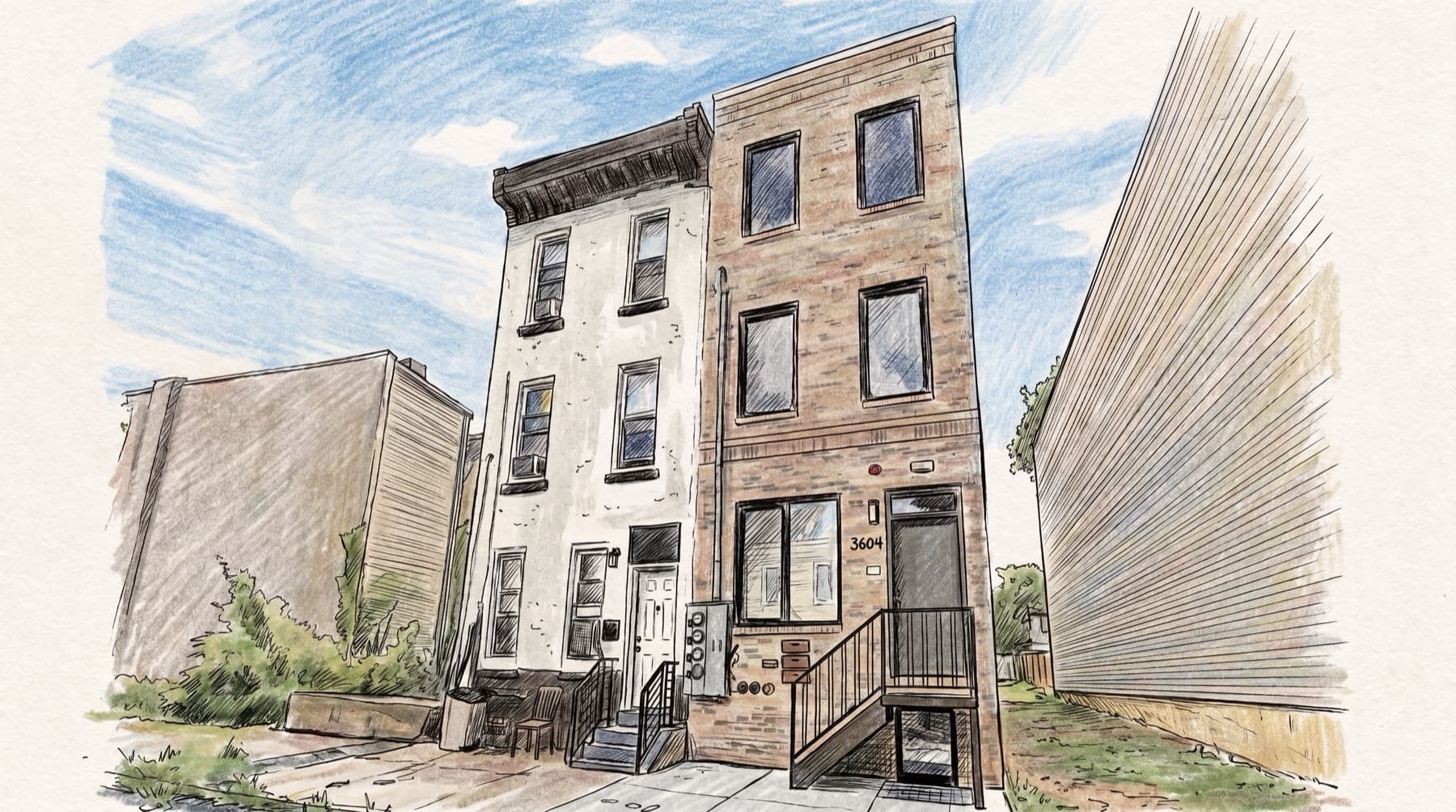Hand-drawn view of 3600 block of Melon St