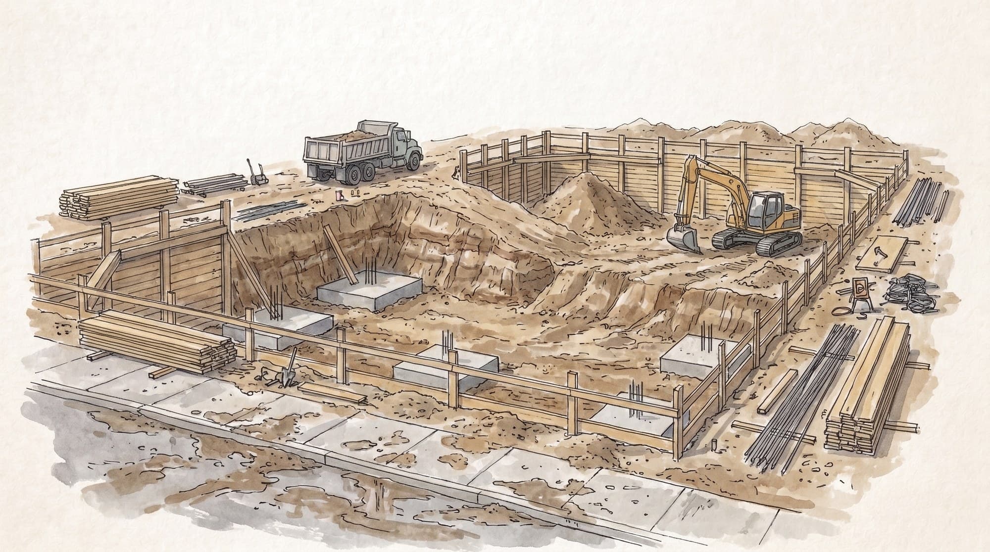 Drawing of a row of new houses: dug out, foundation poured
